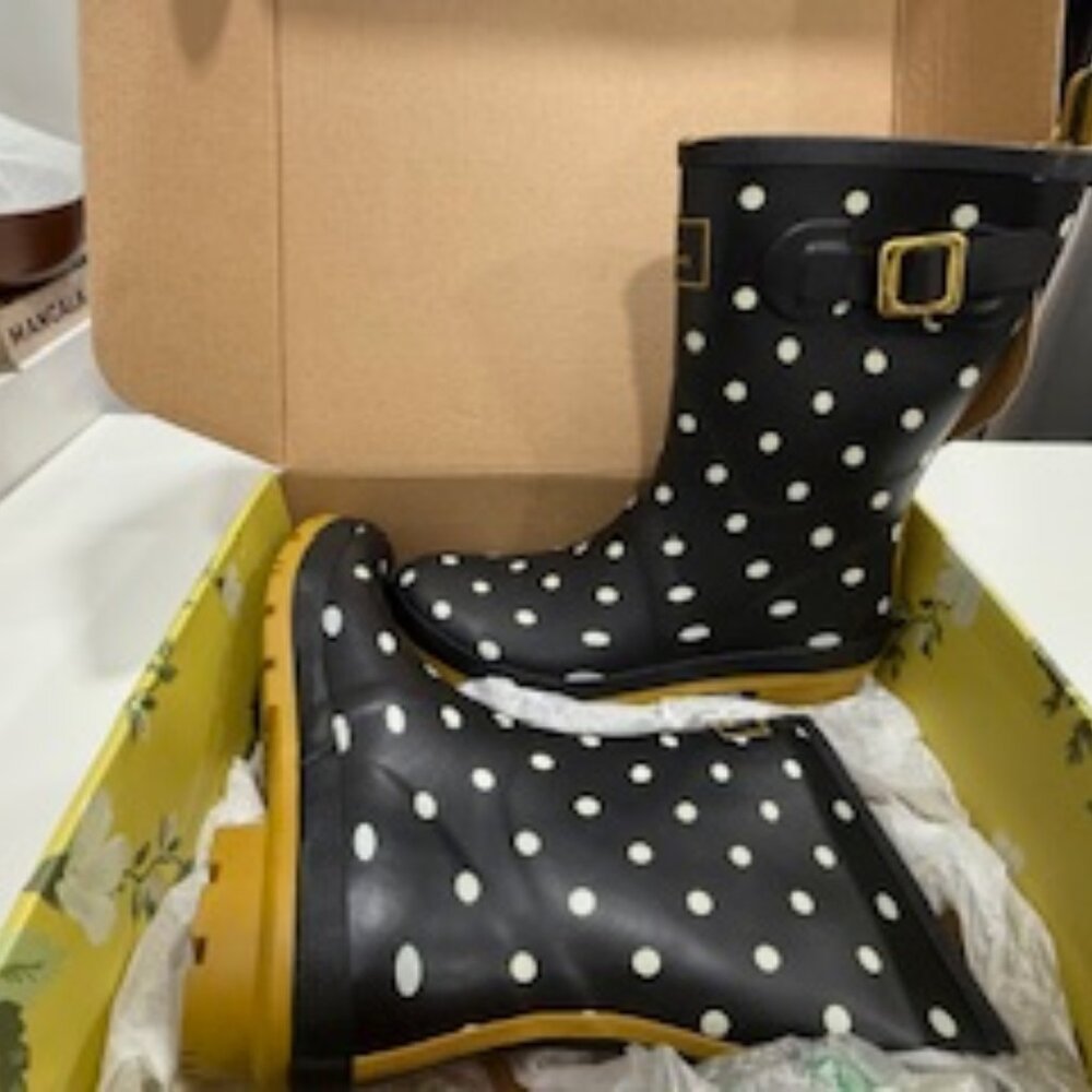 Joules Women's Molly Welly Mid Height Rain Black Boots Size 10 Dots Spots
